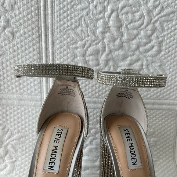 Steve Madden Carson-R Crystal Rhinestone Ankle Strap Open Toe Heels Silver 6 - Picture 12 of 13